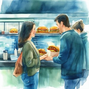 Happy Customers picking up their fast food order container from a takeout shelf inside a restaurant