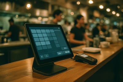 analogfilm A modern tablet point of sale at a busy modern restaurant counter