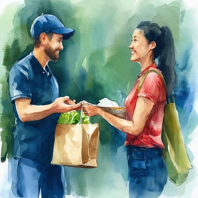 handing a restaurant delivery order to a customer in a bag, watercolors dark blues and greens